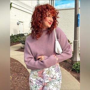 ZESICA TURTLENECK LONG SLEEVE RIBBED KNIT CROPPED SWEATER taro color sz Large